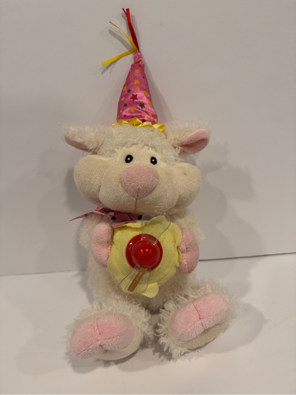 Plush Party Lamb Toy with Pink Party Hat and Yellow Heart